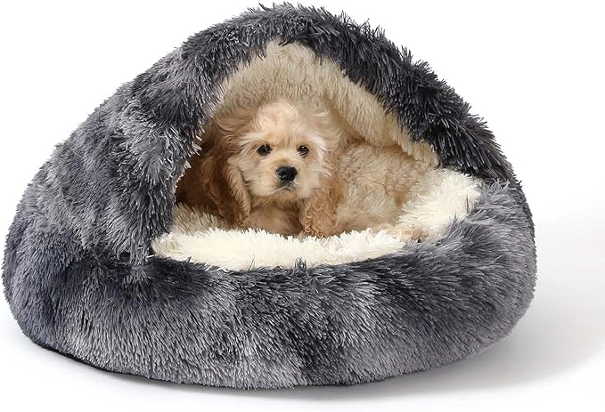 NOYAL Round Hooded Donut Dog Bed for Small & Medium Pets - Plush Fluffy Anti-Anxiety Cat Cave Bed with Cover