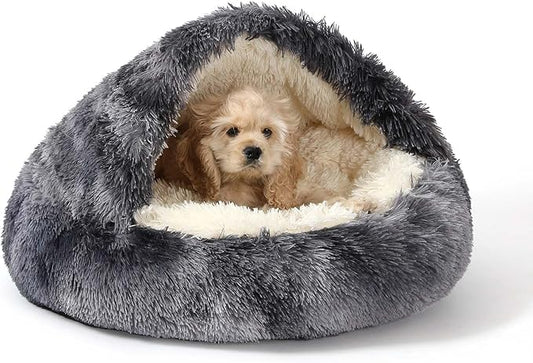 NOYAL Round Hooded Donut Dog Bed for Small & Medium Pets - Plush Fluffy Anti-Anxiety Cat Cave Bed with Cover