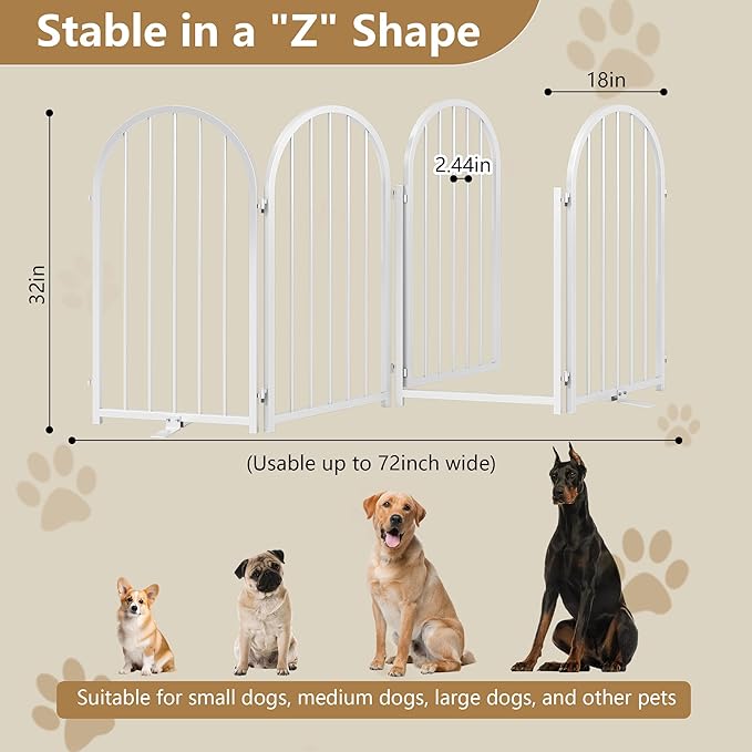 PUPETPO Full Metal Dog Gate with Door for Indoor Outdoor, 32" Tall Free Standing Pet Dog Fence, 72" Extra Wide Pet Gates for Stairs, Hallways, Doorways, Kitchen, Decks, Yards (White, 4 Panels)