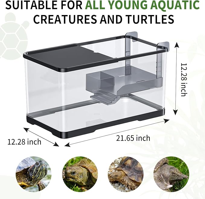 (Tank + Light + Filter + Filter Balls) Turtle Tank Kit, Turtle Tank Starter Kit,Bottom Drainage, Multi-Function Areas for Turtles, Crabs,Fishes, Amphibians,Reptiles. (21.65 x 12.28 x 12.28 Inch) New