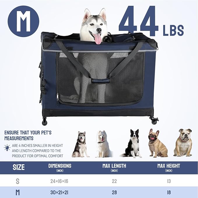 PEGIC 30IN Soft Collapsible Dog Crate w Detachable Wheels, Rolling Travel Dog Crate for Medium Breed Dogs, Portable Dog Kennel with Mesh Windows, Indoor & Outdoor Uses