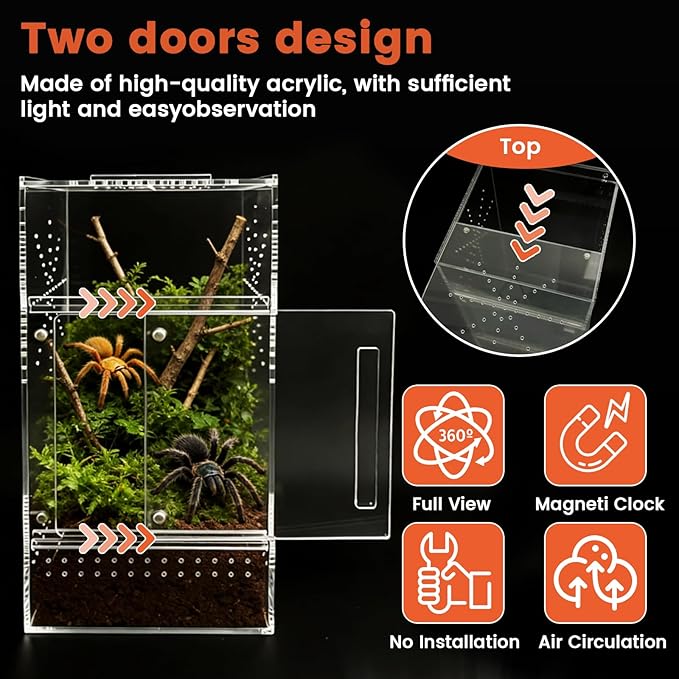 Jumping Spider Enclosure, 6"×6"×11.8" Dual Magnetic Door Arboreal Tarantula Cribs, Ventilation Spider House, Escape Proof Praying Mantis Habitat, Acrylic Snail Cage, Acrylic Terrarium Habitat