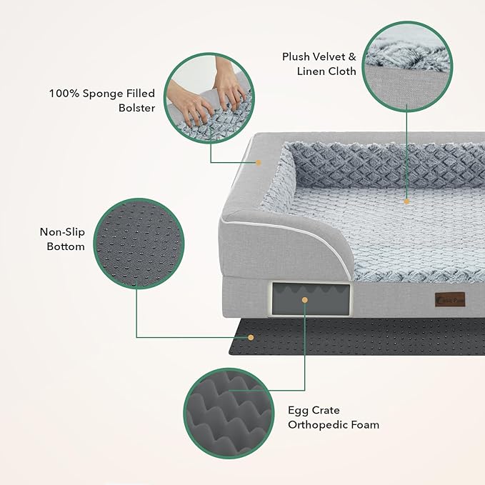 Orthopedic Dog Beds for Large Sized Dogs, Waterproof Memory Foam Large Pet Bed with Sides 35x22Inch, Non-Slip and Egg-Crate Foam Big Dog Couch Bed with Removable Washable Cover, Light Grey