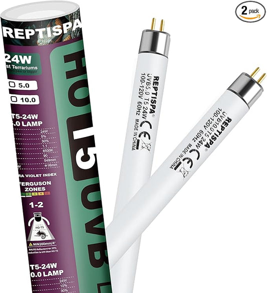 5.0 UVB Light for Reptiles, T5 HO 24 Watt Reptile Lamp Tube, Pack of 2 Fluorescent UVB Bulb, Basking Light for Bearded Dragon, Simulate Natural Sunlight for Reptiles and Amphibians