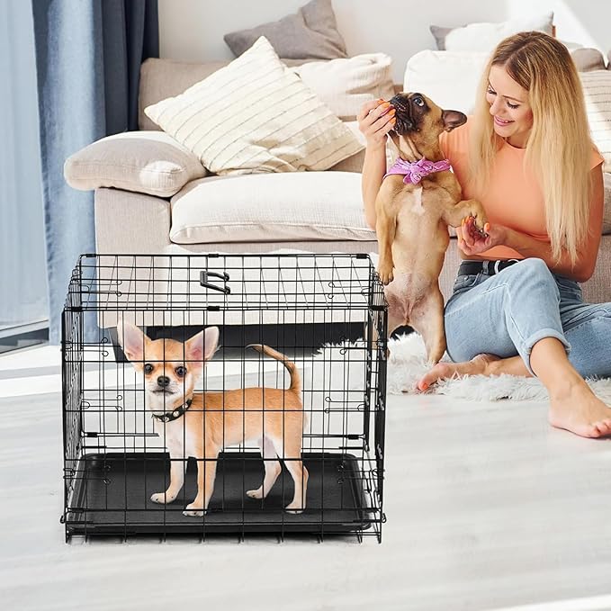 Dog Crate, Small 24 Inch Single Door Portable Puppy Dog Cage, Metal Wire Pet Kennel with Secure Lock, Leak-Proof Pan Tray, Foldable Design for Small Dog Indoor Training and Outdoor Trave