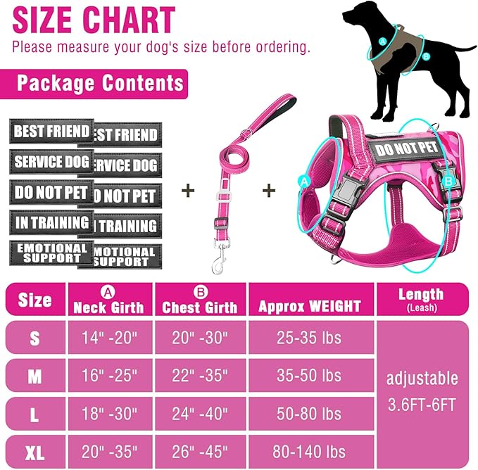 Tactical Service Dog Vest and Leash Set,Heavy Duty No Pull Dog Harness and 10 Patches with Dog Seat Belt for Medium Dogs,Reflective Pet Harness for Training Walking Hiking Camo Pink M