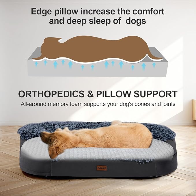 iweepet Black Orthopedic Dog Beds for Extra Large Dogs, 44" x32.6" x7.6" Supportive Dog Sofa Bed with 28D Egg-Crate Foam, Removable Washable Cover, Waterproof Lining, for Puppy,Senior,Sick
