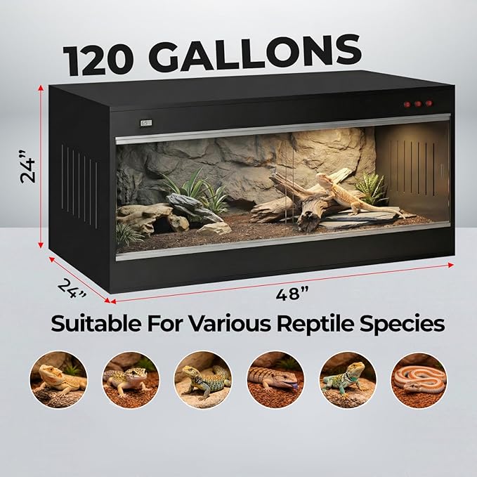120 Gallon Bearded Dragon Tank - 4x2x2 ft Reptile Enclosure with Sliding Glass Doors and Ventilation 48x24x24 Inch Terrarium for Bearded Dragon, Leopard Gecko, Snakes, Lizards, Tortoise, and Reptiles