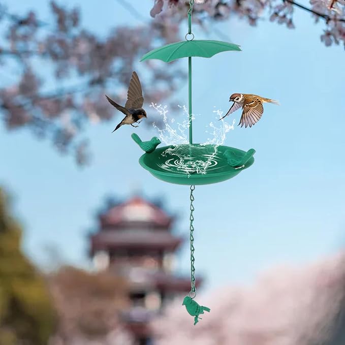Hanging Bird Feeder, Metal Large Capacity Hanging Bath Tray Bird Water Feeder with Umbrella Top for Outdoor Garden Patio(Green)