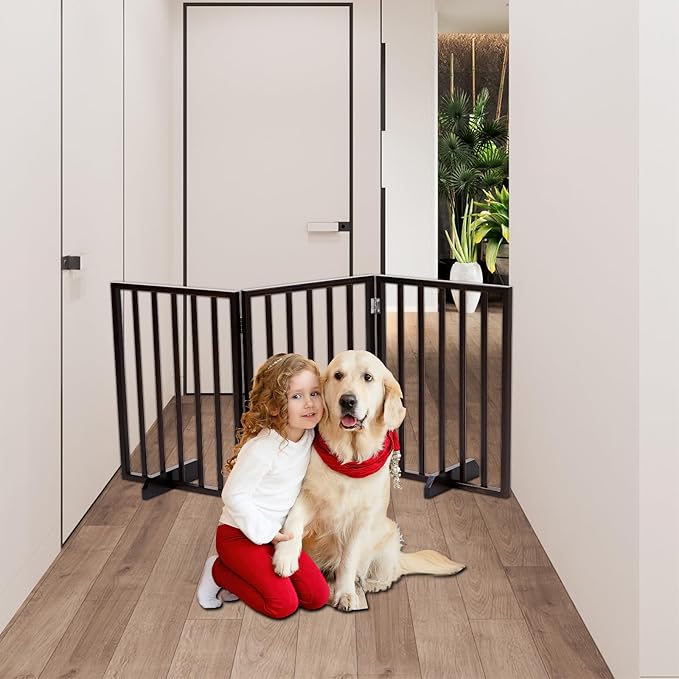 BONNLO Free Standing Dog Gate Indoor, Foldable Pet Gate for Dogs and Puppy, 24" Height Wooden Dog Gates for Doorways Extra Wide/Stairs/Hallways (Walnut, 3 Panel)