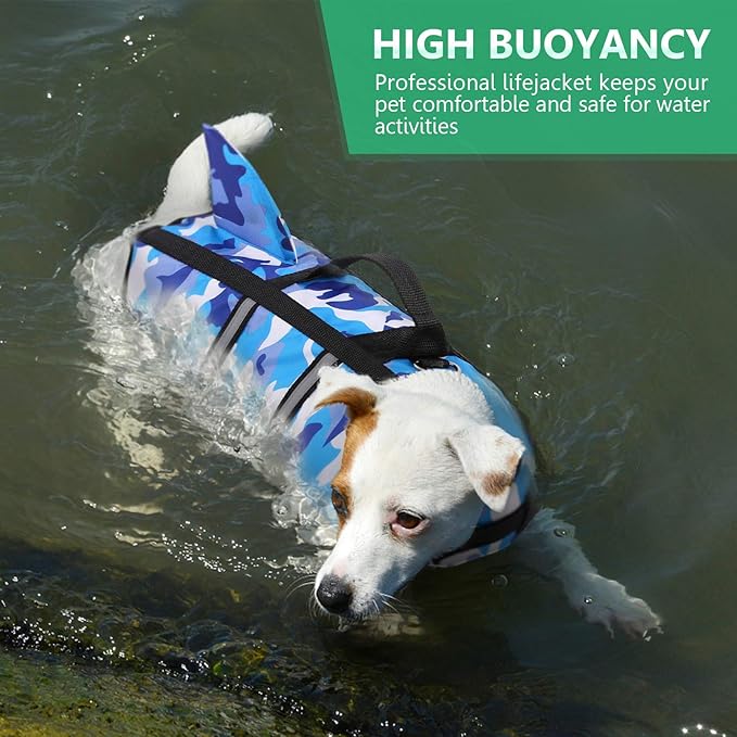 Queenmore Dog Life Jacket Pet Safety Vest High Buoyancy Camouflage Color Cute Shark with Strong Rescue Handle and Leash Ring for Boating, Canoeing, Surfing, Hunting, Blue M
