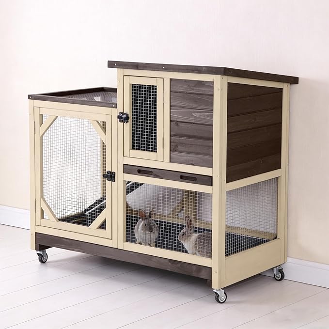 Guinea Pig Cages Indoor/Outdoor, Wooden Rabbit Hutch with Wheels, Large Rabbit House with 2-Story, Bunny Cage with Chew-Proof Ramp and Leap-Proof Trays, Waterproof Small Animals Habitat (Brown)