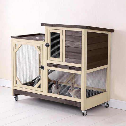 Guinea Pig Cages Indoor/Outdoor, Wooden Rabbit Hutch with Wheels, Large Rabbit House with 2-Story, Bunny Cage with Chew-Proof Ramp and Leap-Proof Trays, Waterproof Small Animals Habitat (Brown)