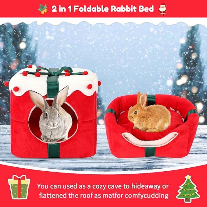 BWOGUE Christmas Rabbit Bed Large Rabbit House and Hideouts Warm Bunny Hut Cave for Bunny Guinea Pig Chinchilla