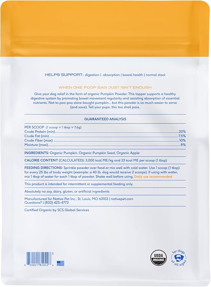 Native Pet Pumpkin for Dogs - Organic Dog Food Topper Powder - Promotes Firm Stools, Supports Digestive, Bowel Health & Nutrient Absorption - USDA Organic, Rich in Fiber with Real Pumpkin -120 Scoops