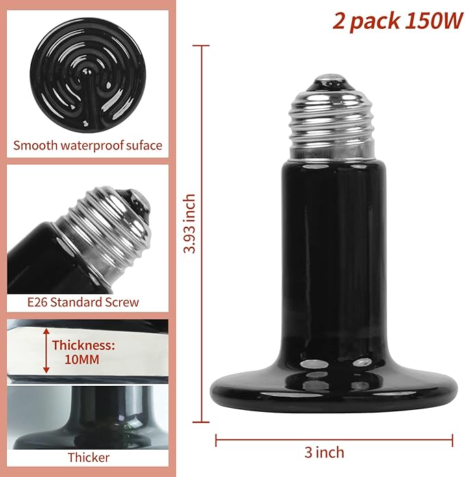 150W Ceramic Heat Emitter (2 Pack), Reptile Heat Lamp Bulbs, Ceramic Heater for Amphibian, Pet Brooder Coop, Chicken, Dog, Cat