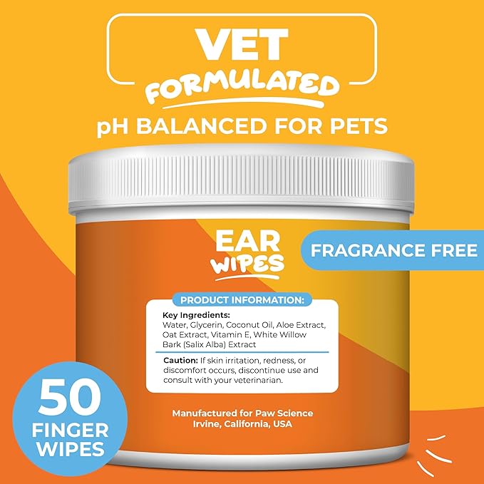 Paw Science Dog & Cat Ear Cleaner Wipes – Pet Finger Wipes for Cats & Dogs – Cleaning, Soothing, & Deodorizing Itchy Ears – Ear Relief Solution Wash (Unscented)