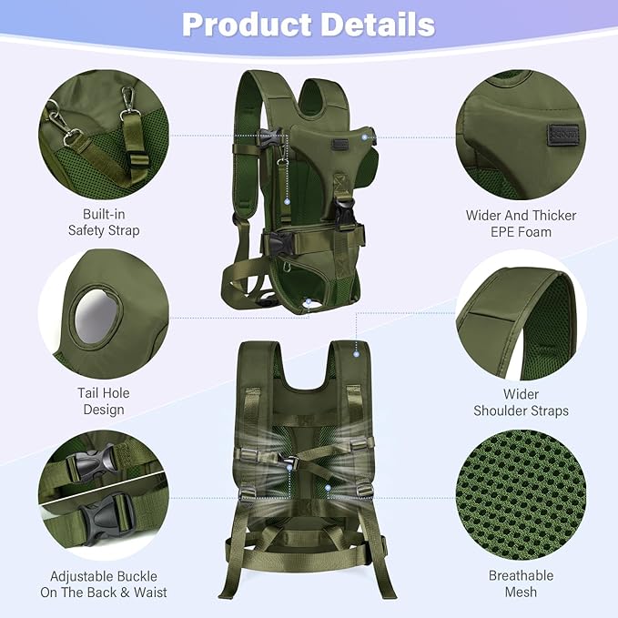 YUDODO Front Pet Carrier Backpack for Small Dogs and Cats, Secure and Breathable Mesh, Ergonomic Support, Adjustable for Walking, Hiking, or Travel (Army Green-Pro S)