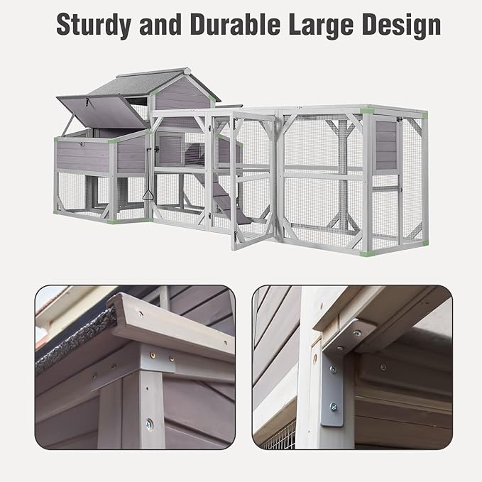Large Chicken Coop with Run - Wooden Hen House with 6 Nesting Boxes and Removable Tray, 41.3ft² Poultry Pet Hutch Run Cage with Waterproof Asphalt Roof, fold Out House for 4-6 Chickens