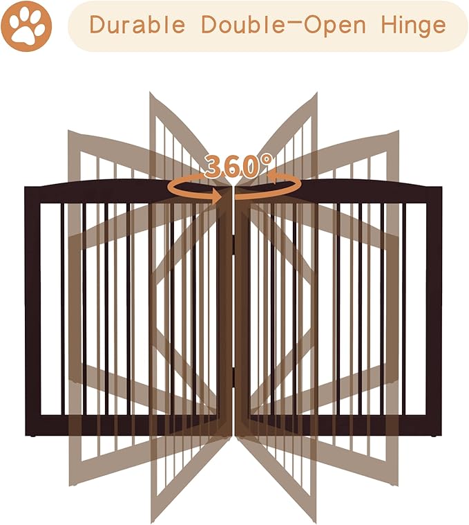 PUPETPO Freestanding Pet Gate for Dogs, Foldable Wooden Dog Gate for House, Extra Wide Indoor Pet Barrier for Stair, Doorway, Hall, Support Feet Included, 120 Inch Wide, 6 Panels 24", Brown