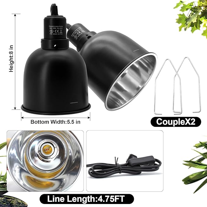MECESOR Reptile Light Fixture, 2 Packs 5.5 Inch Deep Dome Lampshade Dimmable, Reptile Heat Lamp Fixture with Separate Switches Fit for UVB Bulb Basking Heat Bulb for Reptile Glass Terrariums