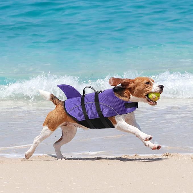 Queenmore Small Dog Shark Life Jacket for Swimming Boating Kayaking, High Buoyancy Puppy Dog Life Preserver with Strong Rescue Handle and Reflective Light (Purple, S)