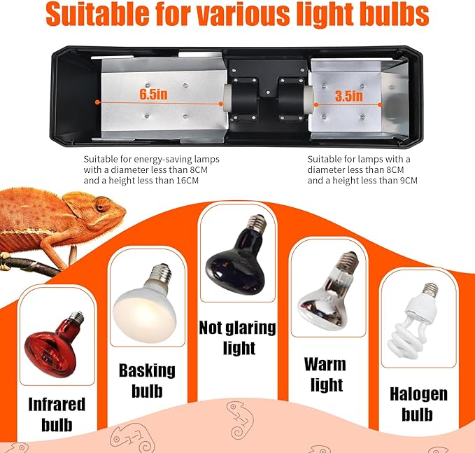 Dual Reptile Light Fixture Reptile Heat Lamp Fixture with Separate Switches Fit,150W Max - E26 Socket for Heat & UVB Lamps, Heat Bulb for Reptile Glass Terrariums