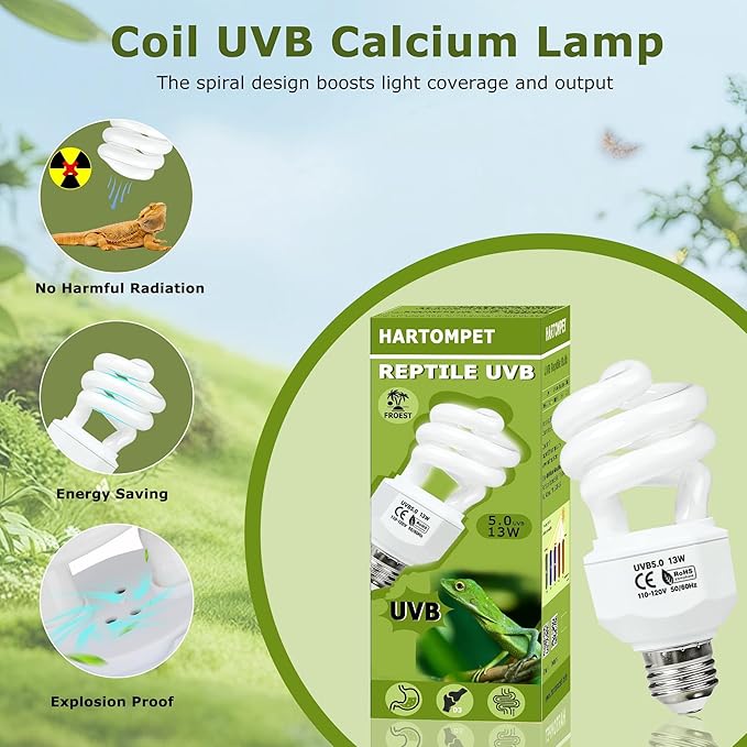 HARTOMPET 5.0 UVB Coil Reptile Bulb 13W, Compact Fluorescent Light for Tropical Terrariums, Ideal for Chameleons, Iguanas, Tree Frogs & Pythons