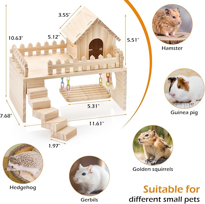 Wooden Hamster Hiding Place, Hamster Cabin with Ladder, Swing Platform Decoration, Detachable Small Animal cage Accessories, Suitable for mice, Sand Rats and Other Small Pets