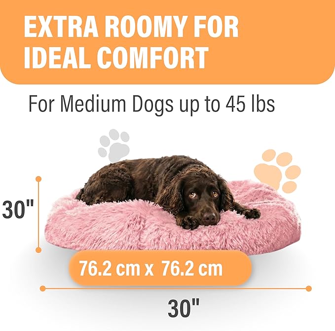 Active Pets Premium Medium Donut Dog Bed, Fits Up to 45 lbs, Removable Cover & Washable Cushion, Plush Long Pile Faux Fur Fabric, Portable Pink Pet Bed Furniture for Puppies Adult Canines & Cats