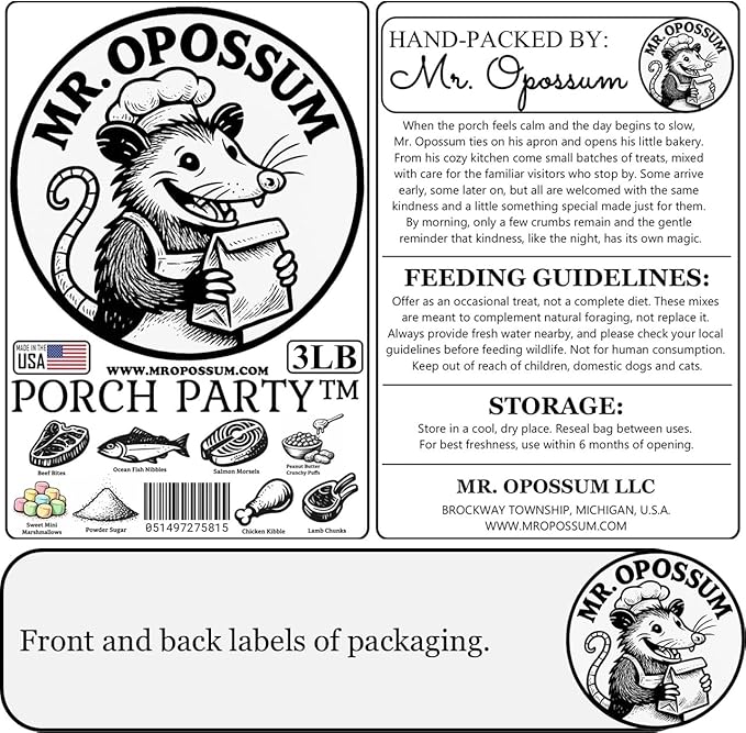 Porch Party Mix™ Raccoon and Opossum Food Wildlife Treat Blend for Backyard Feeding with Marshmallows Beef Chicken Lamb Ocean Fish and Peanut Butter Puffs (3 lb Pouch)