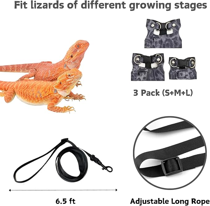 3 Pack Bearded Dragon Harness and Leash Set - Adjustable Soft Leather Lizard Harness Leash Small Animal Traction Rope Training Walking Vest Accessories for Reptile Squirrel Rat (Blue Leopard)