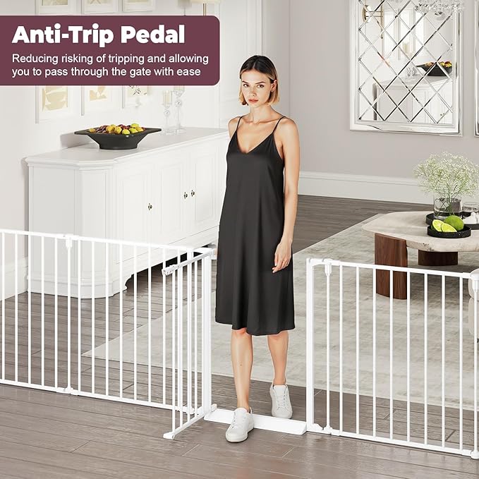 144" Extra Wide Baby Gate with Door, Configurable 6 Panels Baby Fence, Fireplace Gate with Anti-Trip Pedal, Family Essentials Safety Gate for Child Dogs Pets, 28'' Tall White