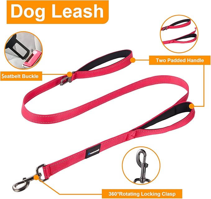 Annchwool No Pull Dog Harness,Heavy Duty Reflective Collar & Leash Set-Leash with Double Handle & Car Seatbelt Clip-Easy Control for Walking Training Medium Large Size Dogs(Red,S)