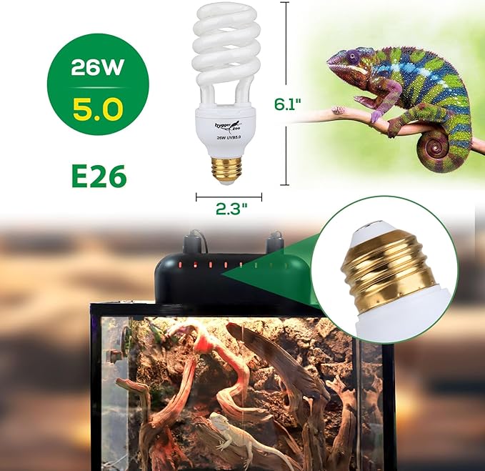 UVB Bulb for Reptiles, 5.0 26W UVB Light for Reptiles, Hygger zoo UVA UVB Reptile Light Bulb Reptile UVB Bulb UVB Light for Hermit Crab Snake Chameleon Reptile Lamp Terrarium Lamp for Tropical Reptile