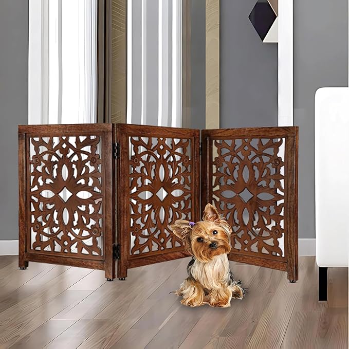 Lightnpro Wooden Pet Gate - Decorative Carved Foldable Dog Gate, Extra-Wide Freestanding Indoor Safety Fence for Dogs & Cats, Perfect for Stairs, Hallways & Home Décor - 24x18 Inch Natural Burnt