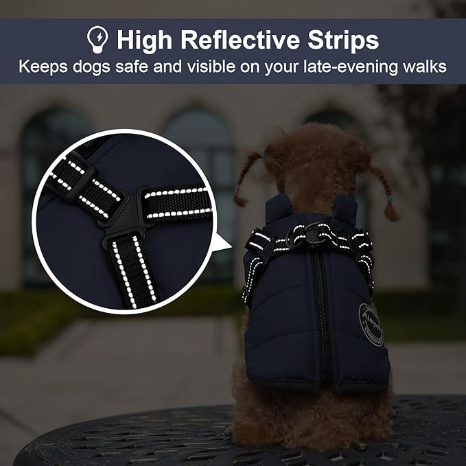 Dog Winter Coat, Warm Dog Jacket Reflective Adjustable Fleece Vest with Harness Built in,Windproof Pet Snow Jacket Snowsuit with Zipper for Small Medium Dogs, Navy Blue XS