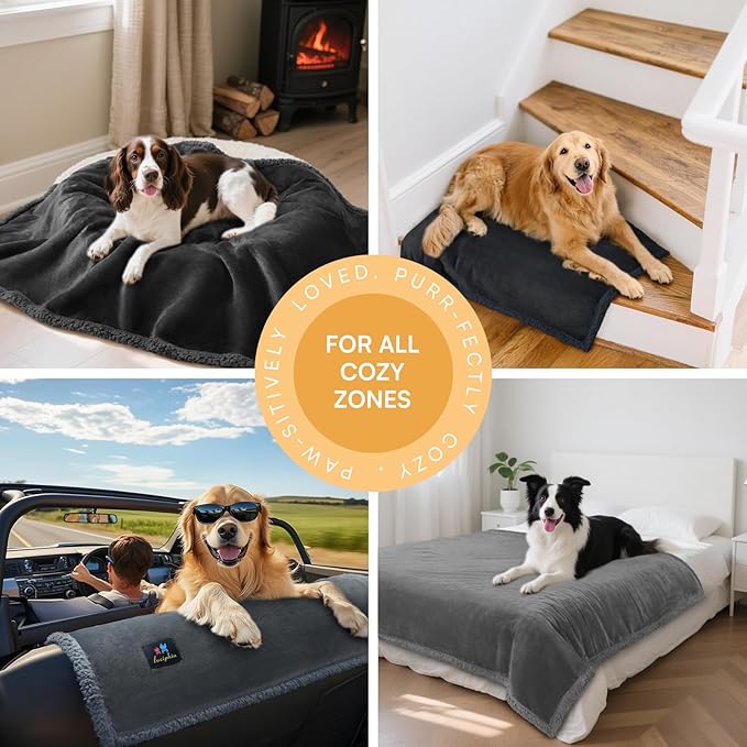 Luciphia Waterproof Bed Blanket Washable,Soft Sherpa Fleece Puppy Reversible Throw Blankets for Medium Large Dog Cat,Furniture Cover Protector Couch Bed from Liquid Pee and Pet Fur, Black,65" x 57"