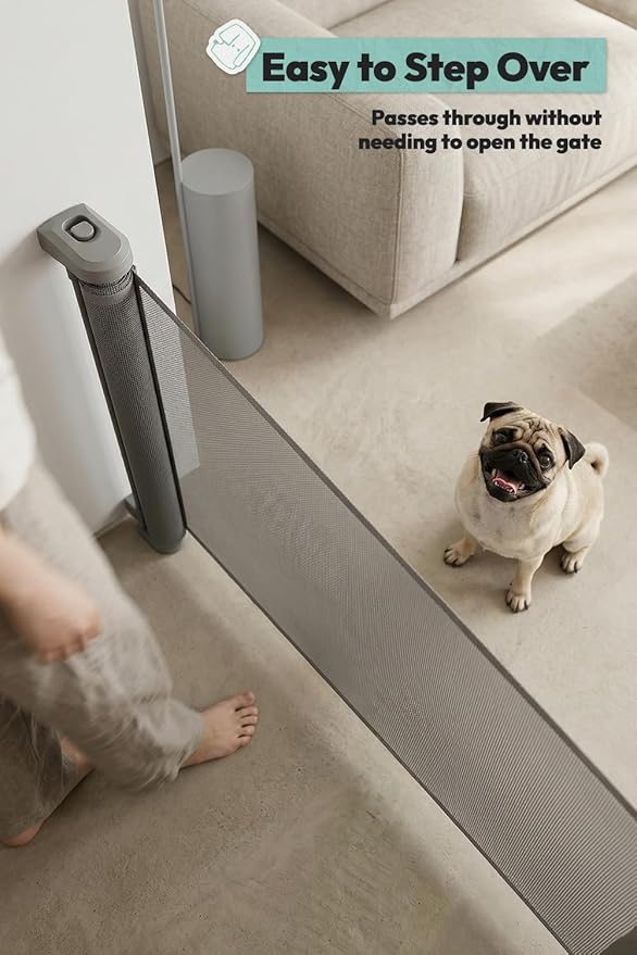 15.7" H Mesh Short Dog Gate, Extends Up to 59" W Retractable Pet Gate with Drill Installation, Small Dog Gate for Stairs, Easy Step Over Low Puppy Gate for Doorways Indoor Outdoor, Grey