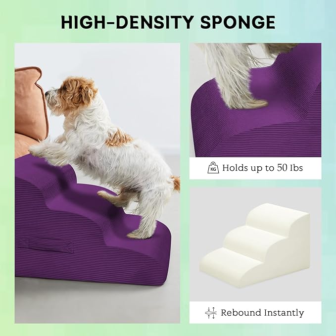 Mesa Lemon Dog Steps for Small Dogs, 3-Step Dog Ramp and Stairs for High Beds and Sofa, Non-Slip Pet Stairs Removable and Easy to Clean Cover, Purple