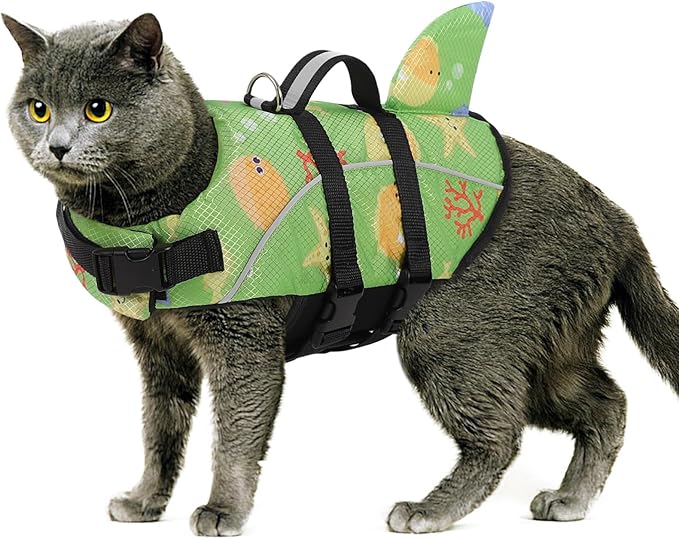 Queenmore Cat Life Vest XXS, Extra Small Dog Life Vest for Swimming and Boating, Lightweight Dog Shark Life Jacket with Rescue Handle/Leash Hook/Reflective Strips