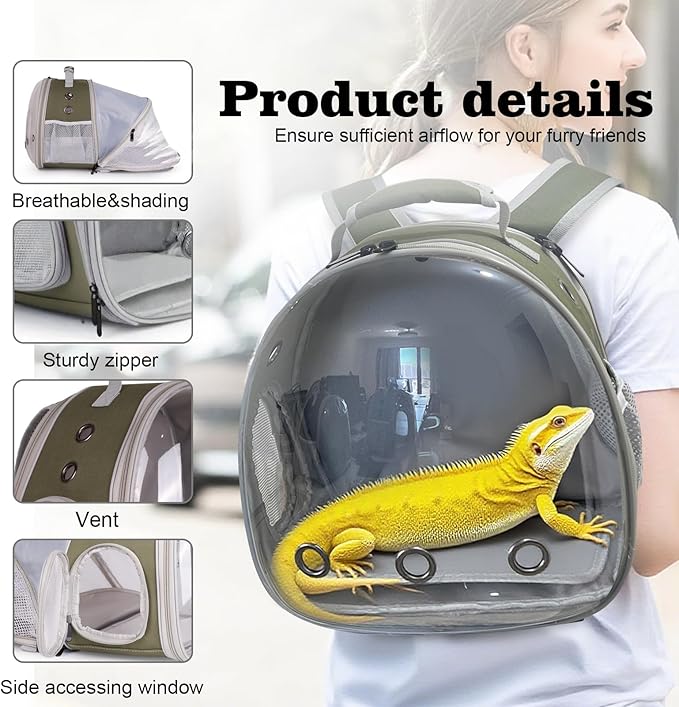 WEVONIGU Expandable Small Animal Backpack Carrier with Clear Bubble Window Large Space Travel Cage for Hedgehog Rat Parrot,Bearded Dragon,Sugar Glider,Airline Approved (Army Green, BE Backpack)
