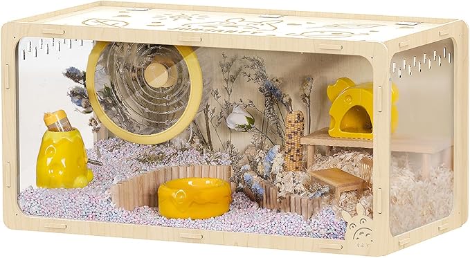 32 inch Wooden Hamster Cage, Large Habitat, Openable Top, Transparent Acrylic for Interior View, Ventilated, Easy to Clean, for Syrian Hamster, Dwarf Hamster, Gerbil, Other Small Pet Animals