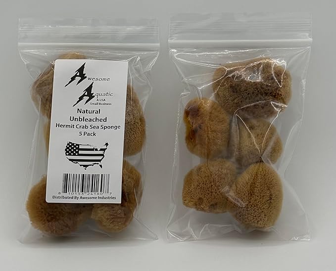 Awesome Aquatic Unbleached Natural Hermit Crab Sponges 5 Pack Natural Sea Sponge Maintains Humidity Drinking Water Safety Provides Nutrients (Unbleached 5 Pk)