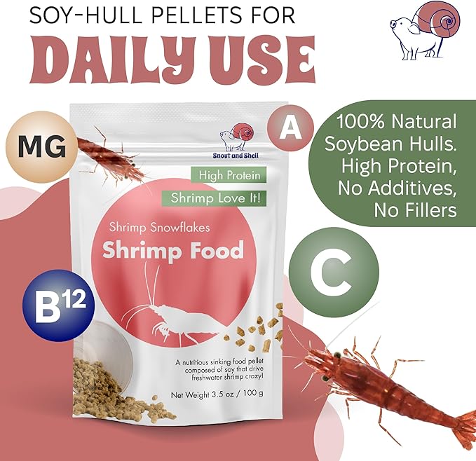 Snout and Shell Snowflakes Shrimp Food - High Protein Sinking Soy Pellets for Tropical Freshwater, Caridina, Neocardinia Shrimp & More | 3.5oz/100mg