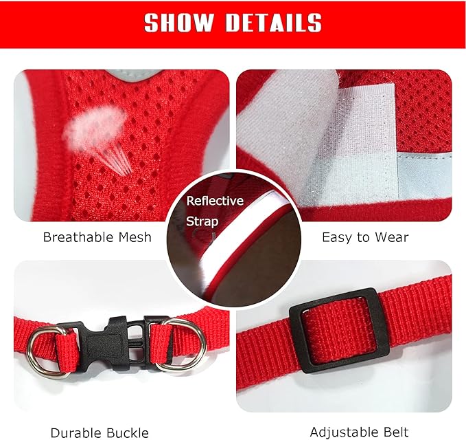 FEimaX Dog Harness and Leash Set for Walking, Soft Mesh Adjustable Easy Control Lightweight Cat Vest Harnesses with Reflective Strips, Escape Proof Small Dogs Cats Vests (Red, Medium)