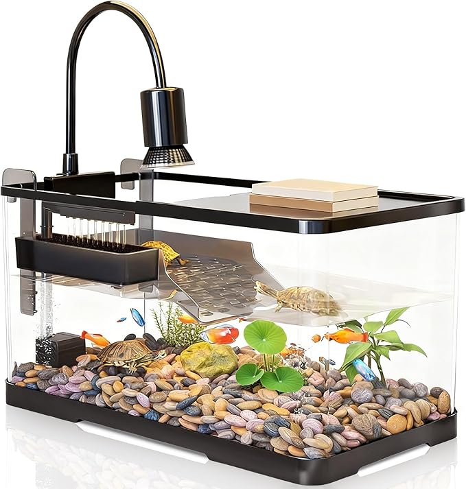 (Tank + Light +Pump + Filter + Filter Balls) Turtle Tank Kit, Turtle Tank Starter Kit,Bottom Drainage, Multi-Function Areas for Turtles, Crabs,Fishes, Amphibians,Reptiles. (15.75 x 8.64 x8.64 Inch)