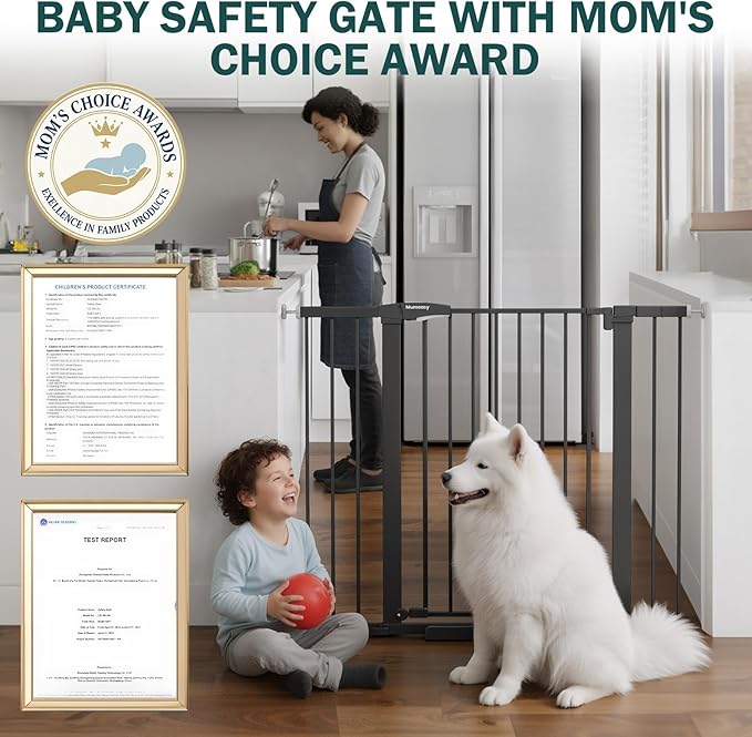 Mumeasy 36" Extra Tall Dog Gate, Auto Close Baby Gate for Stairs Doorways, 29.7-46" Wide Walk Thru Child Safety Gate for House, Easy Install Pressure Mounted Metal Pet Gate with Door, Black