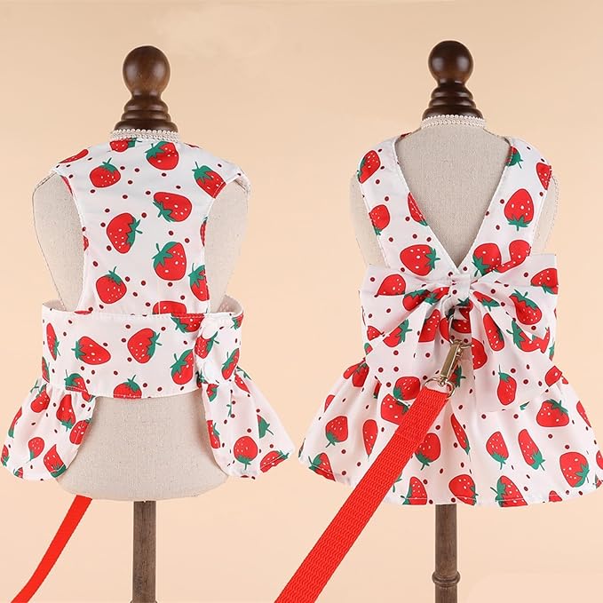 Dog Dress Bowknot Harness Leash Set for Small Dogs Red Strawberry Dog Cat Clothes Cute Puppy Outfits Pet Clothes Spring Summer Breathable Dresses(Samll)