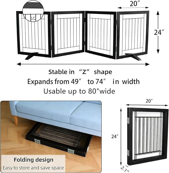 ZJSF Freestanding Dog Gate Indoor, Foldable Dog Fence for Doorways,Hallways or Stairs, Sturdy Wood Extra Wide Pet Gate with Support Feet,Black,24 "Height-4 Panels